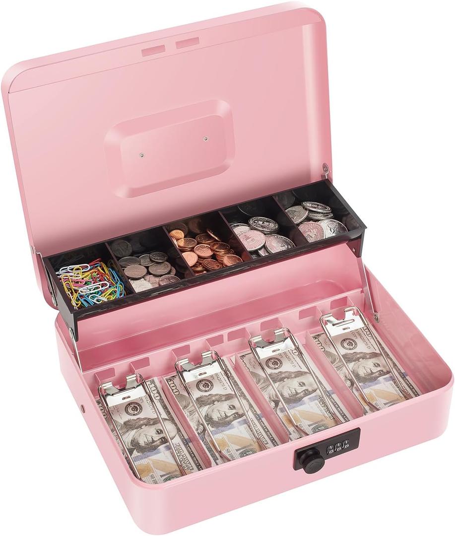 Cash Box with Money Tray and Combination Lock, Large Money Box for Cash Regiser, Safe Lock Box for Money Saving Metal 11.8"x9.45"x3.54" Pink XL Large
