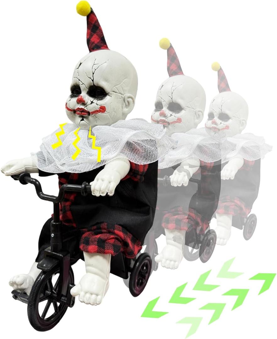 [Moving Back and Forth] Halloween Animatronic 15.5 Clown Ride on Bicycle, Sound Activated Spooky Talking Halloween Decoration Indoor for Haunted House, Party, Storefront