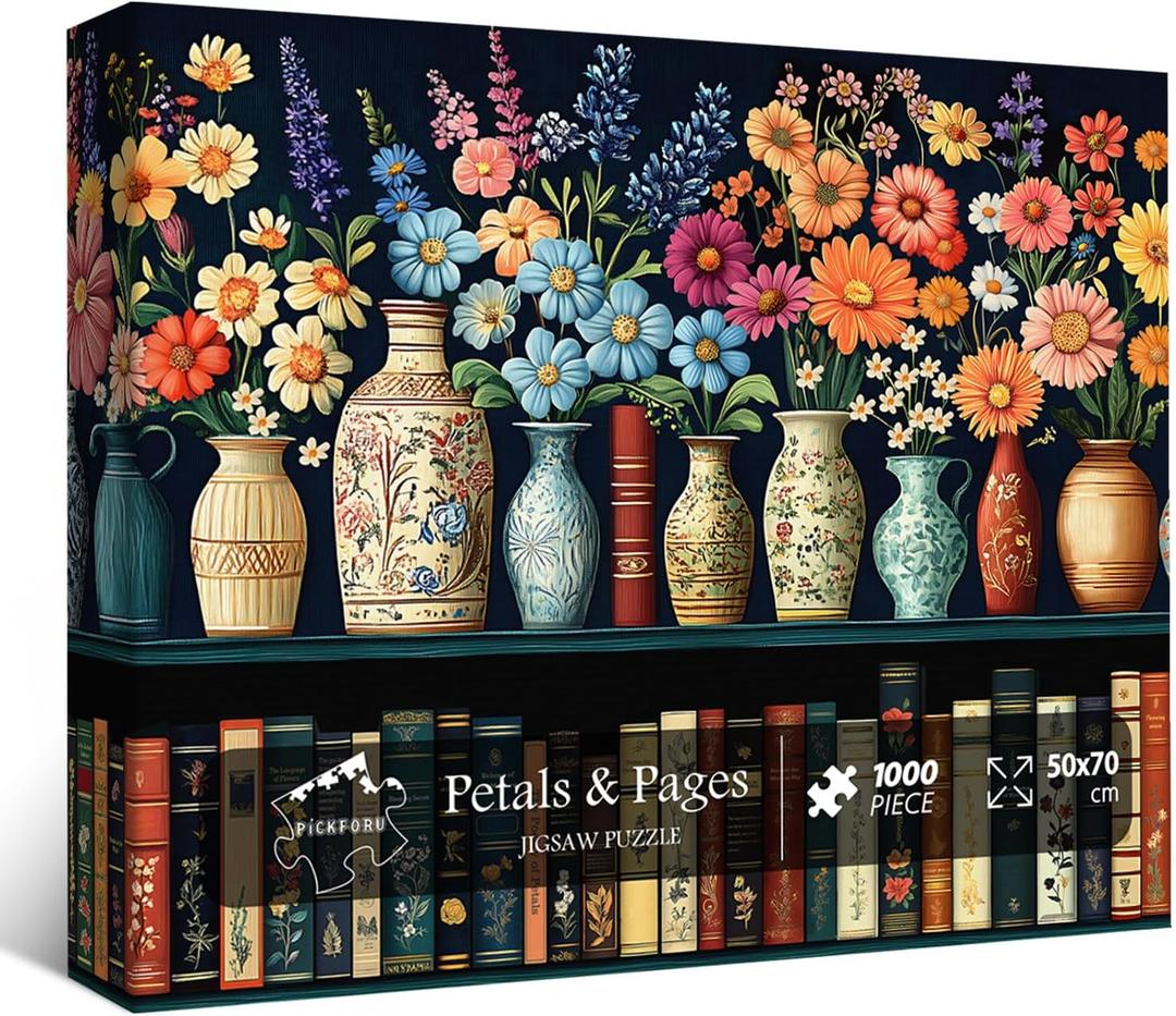 Wildflower Puzzles for Adults 1000 Pieces, PICKFORU Vintage Flower Book Puzzle, Wildflower Pages Jigsaw Puzzle for Book Lover, Floral Art Bookshelf Library Puzzles