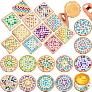 Reallnaive 22 Sets Valentines DIY Mosaic Tiles for Crafts Mixed Color Glass Mosaic Kits Xmas DIY Coasters Kit Make Your Own Stained Glass Coaster for Handmade Holiday Decoration Gift (Classic Style)