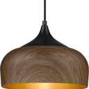 ELYONA Modern Pendant Light Walnut Wooden Pattern Dome Pendant Light Fixture Matte Black Metal Gold Inner Finish Adjustable Hanging Lighting for Kitchen Island Dining Room Office Hallway Foyer Bedroom, Medium