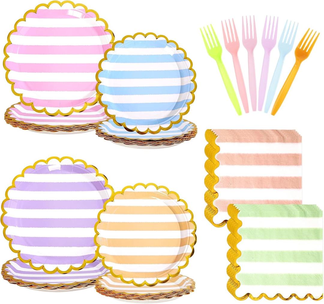 96Pcs Pastel Stripe Party Supplies Gold Foil Scalloped Paper Plates and Napkins Stripe Ice Cream Party Tableware Set Pastel Dinnerware for Girl Birthday Party Baby Shower Decoration Serve 24