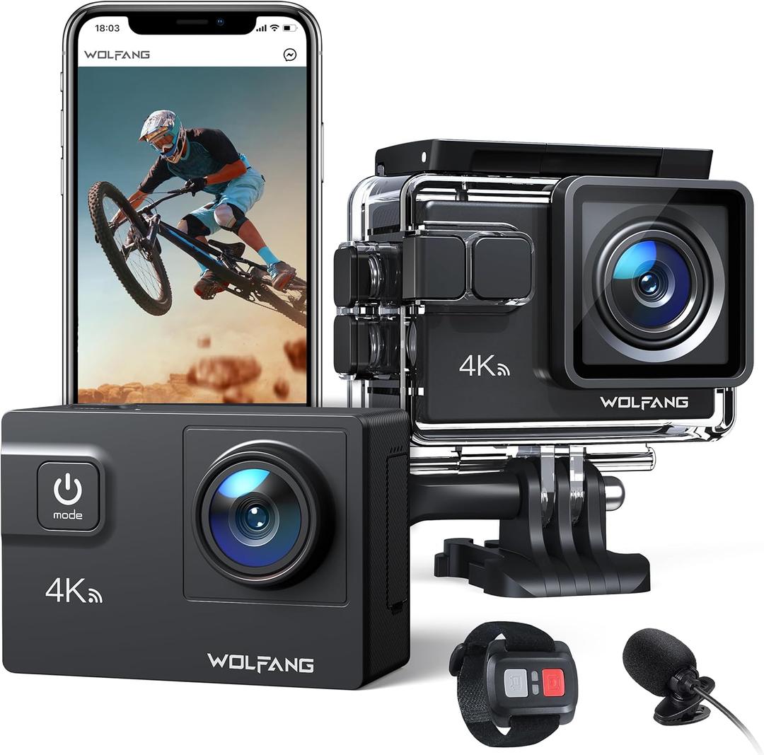 WOLFANG GA300 4K60FPS Action Camera 24MP Waterproof 40M Underwater Camera EIS Stabilization WiFi Wide Angle Helmet Camera with External Microphone, Remote Control, 2x1350mAh Batteries, Accessory Kit