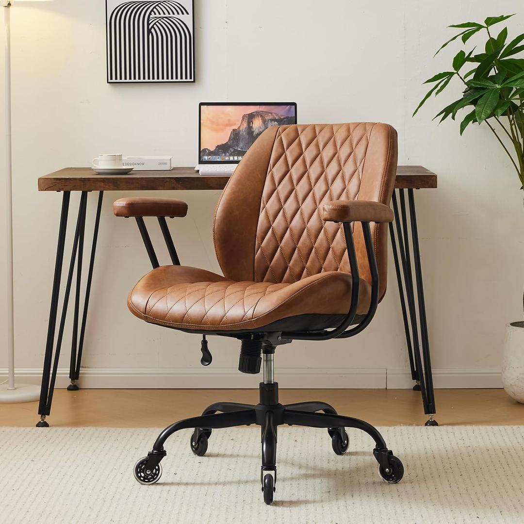 Home Office Desk Chair Office Rubber Casters Ergonomic Computer Chair with Lumbar Support Adjustable Height Rolling Swivel Executive Task Armrests Chair Brown Leather (Mid Back)