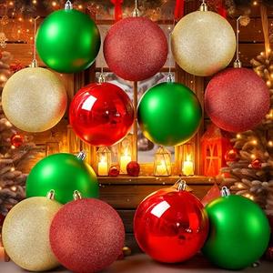 Jenaai 12 Pcs Large Red Gold Green Christmas Ball Ornaments, 4 Inch Big Oversized Shatterproof Tree Decorations Matte Glitter Giant Jumbo Plastic Hanging Baubles for Xmas Holiday Party Indoor Outdoor