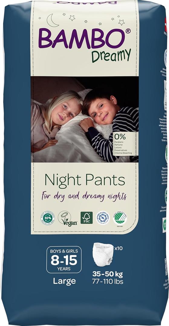 Bambo Nature Premium Dreamy Night Pants, Pull Up Pants, Eco-Labeled Night Time Diapers, Secure, Comfortable, Skin Friendly : Children Aged 8-15 Years, 10 Count (Large)