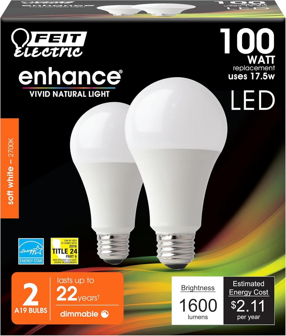 Feit Electric A19 LED Light Bulb, 100W Equivalent, Dimmable, E26 Base, CRI 90, 1600 Lumens, 2700K Soft White, General Purpose Light Bulb, 22-Year Lifetime, OM100DM/927CA/2, 2 Pack