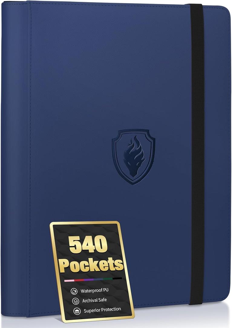 Premium 9 Pocket Card Binder for 540 Cards, Fabmaker PU Cover Trading Card Binder, Sturdy Card Collection Album, Sleek Card Holder Folders for Game Cards & Sports Cards, Navy Blue