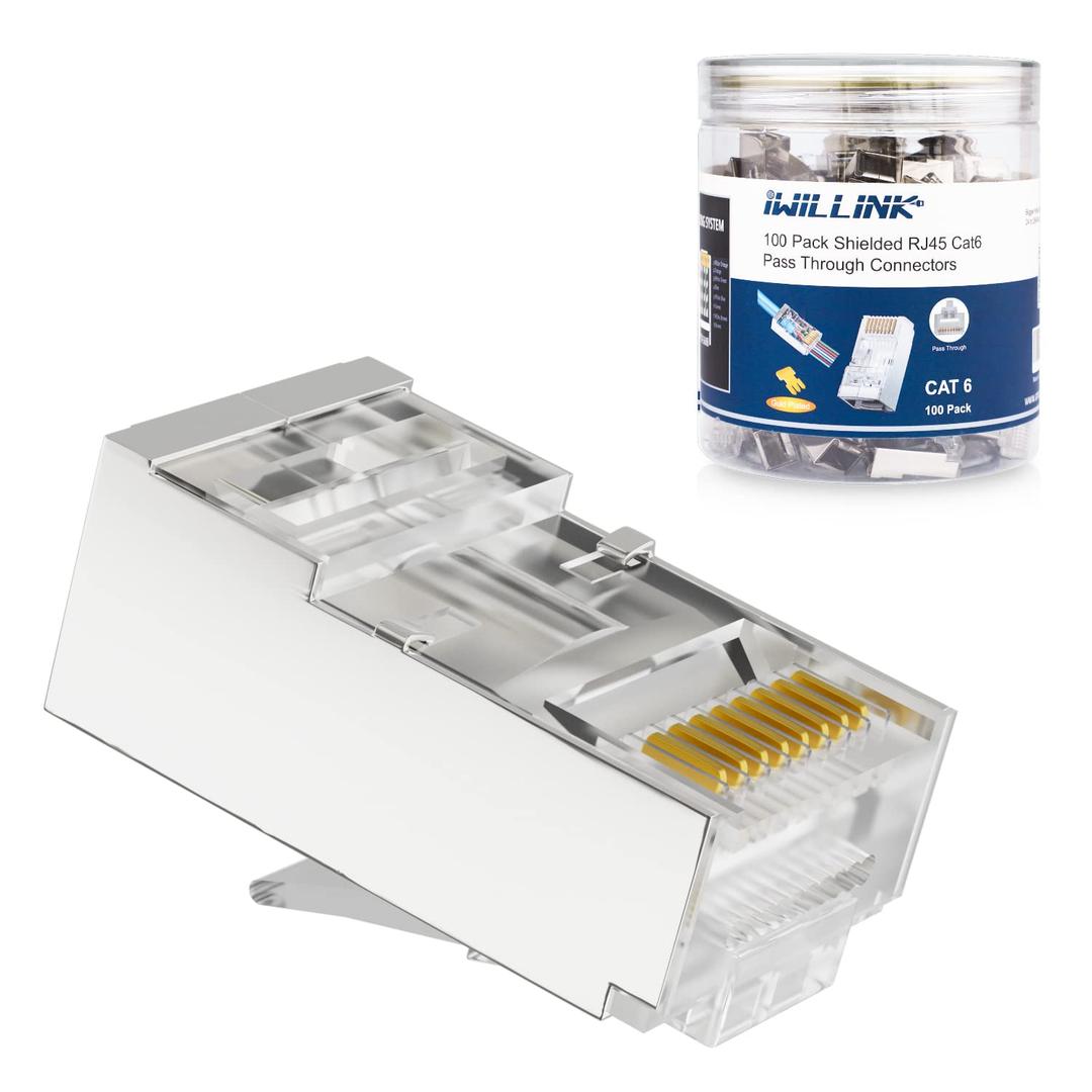 iwillink 100-Pack Shielded RJ45 Cat6 Pass-Through Connectors, STP Crimp Modular Plugs, 50U Gold-Plated, 3-Prong for Solid and Stranded Cable, 8P8C Design