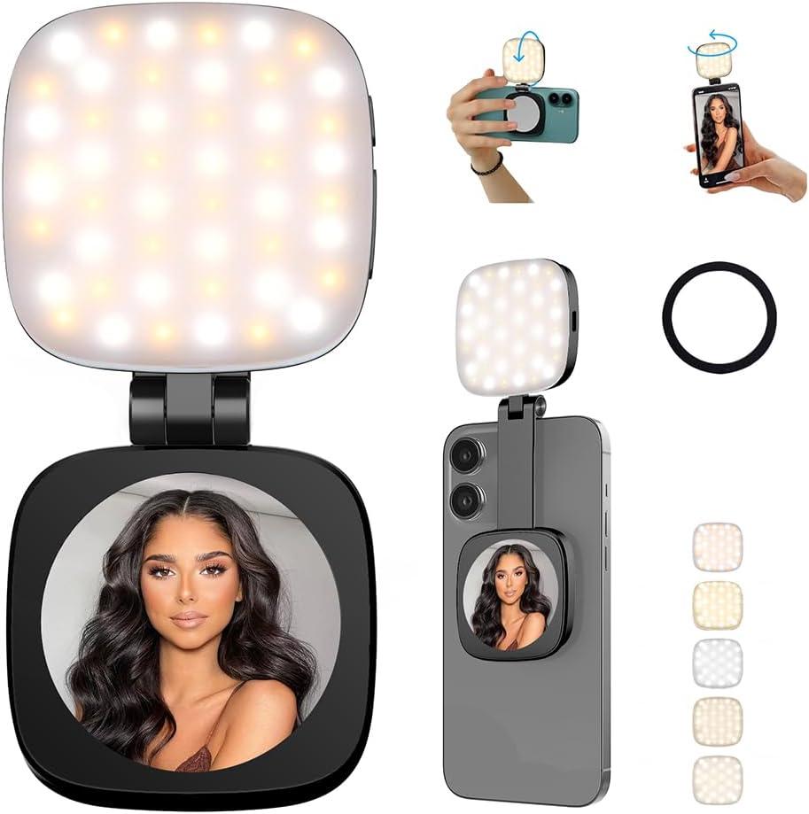 Magnetic Selfie Light Compatible with MagSafe for iPhone Rechargeable LED Fill Light with Mirror, CRI95, 5 Color Temps, Foldable Ring Light
