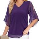 Uhiger 3/4 Length Sleeve Womens Tops V Neck Chiffon Blouse Dressy Casual Double Layered for Weekend Outings and Everyday Wear (Purple, XXL)