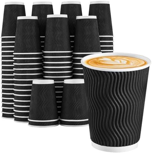 Lamosi Disposable Coffee Cups 12 OZ 100 Pack, Paper Coffee Cups 12 OZ for Hot Drinks or Cold Beverages, Insulated Corrugated Ripple Wall Cup No Lids for Office, Cafe, Home or Travel (Black)
