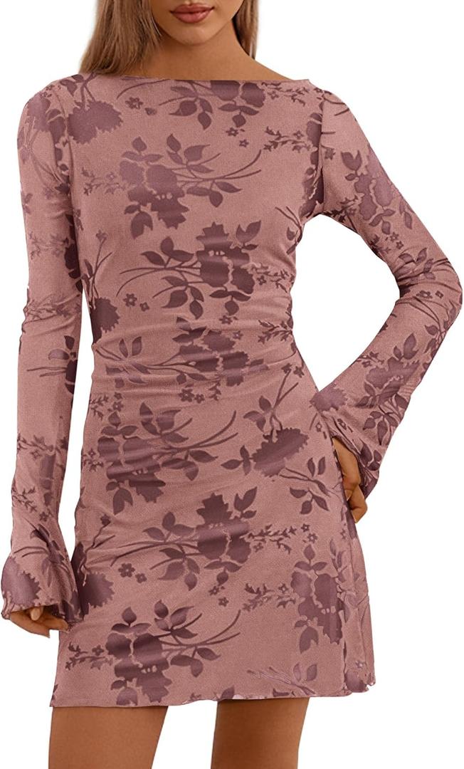 PRETTYGARDEN Women's 2026 Fall Fashion Floral Long Sleeve Mini Dress Mesh Bodycon Short Party Date Night Going Out Dresses, S