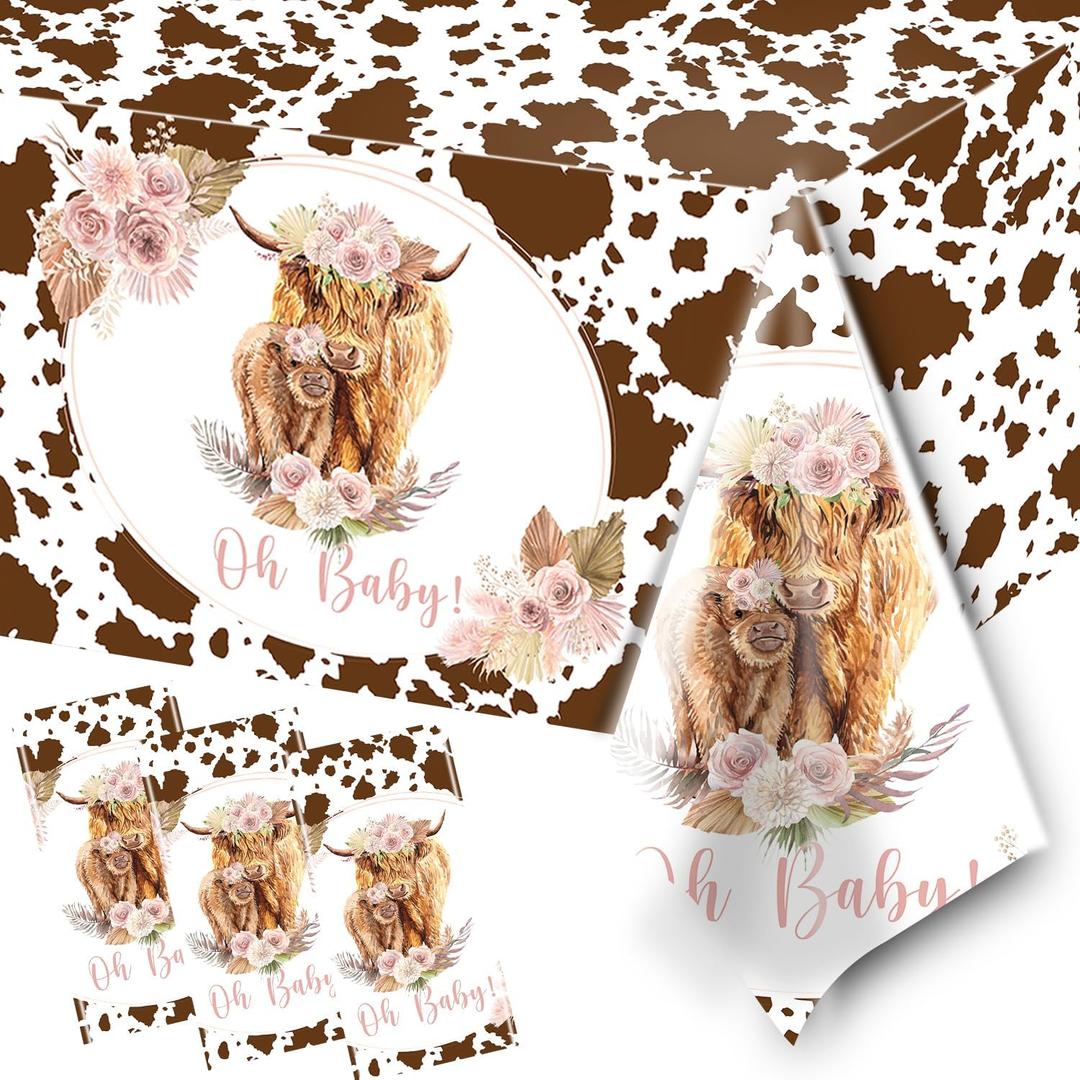 HAKOTI 3Pack Holy Cow Tablecloth,Cow Baby Shower Decorations Brown Cow Print Rectangular Plastic Table Cover for Birthday Party Supplies,Farm Animal Themed Party Decorations