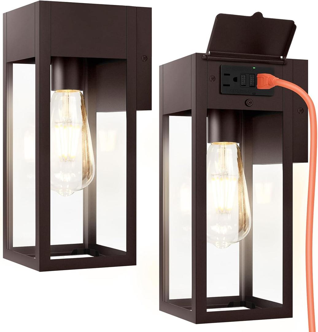 2 Pack Porch Lights Outdoor Wall Sconce, Outdoor Light with GFCI Outlet, Waterproof Exterior Wall Lantern Light Fixtures, Anti-Rust Wall Lamp for Patio Doorway Garage- Oil Rubbed Bronze (No Sensor, Standard)