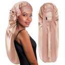3 x BONNET QUEEN Braid Bonnet Silk Bonnet Foldable Extra Long Wrap for Braids Satin Bonnets with Tie Band Long Sleep Cap, Champagne (One Size)