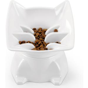 Small Elevated Slow Feeder Cat Bowl,Cute Tilted Detachable Cat Slow Feeder Food Bowls,Anti Vomiting Raised Pet Bowl for Dry and Wet Food,Whisker Friendly,Suitable for Cats & Small Dogs,White
