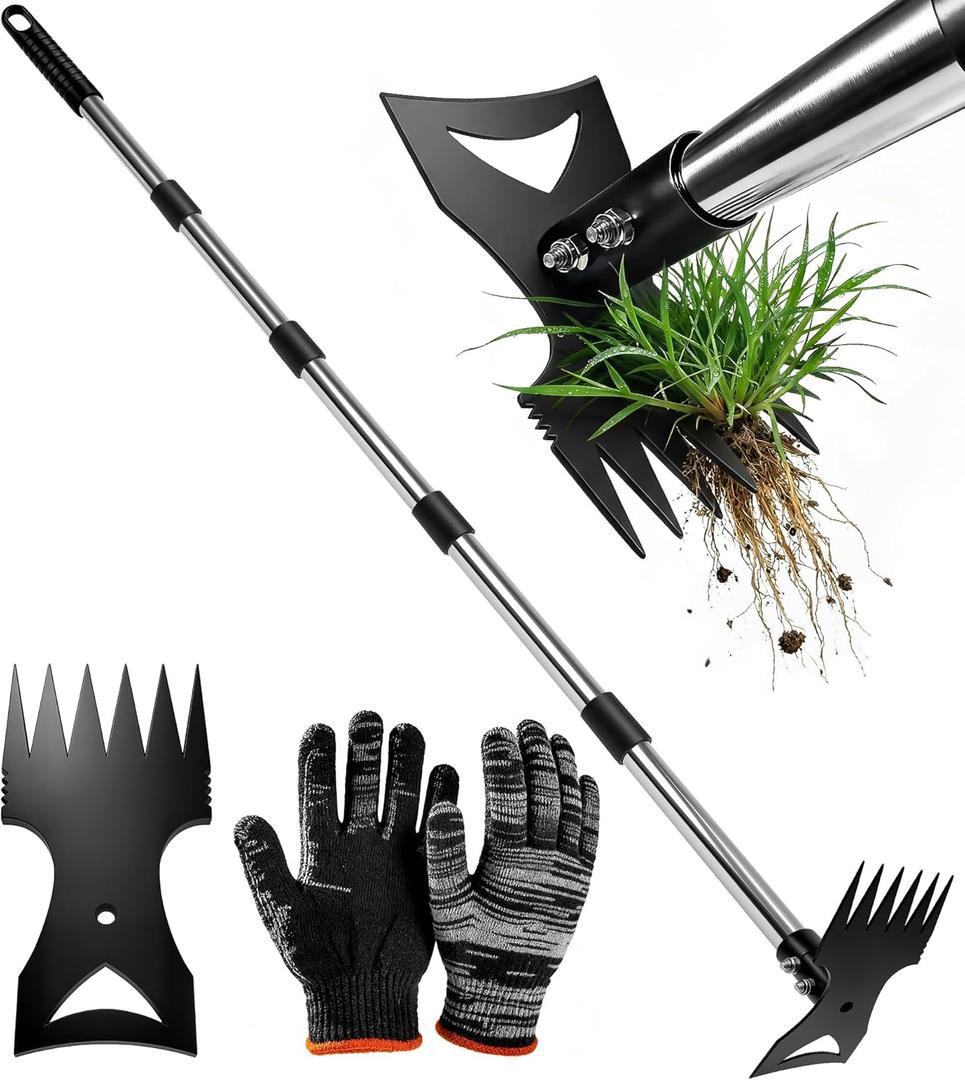 71in Weed Puller Tool with Long Handle, 2 in 1 Adjustable Manual Weeders for Uprooting, Heavy Duty Hand Weed Rake and Garden Hoe with Gloves for Gardens, Lawns, Yards
