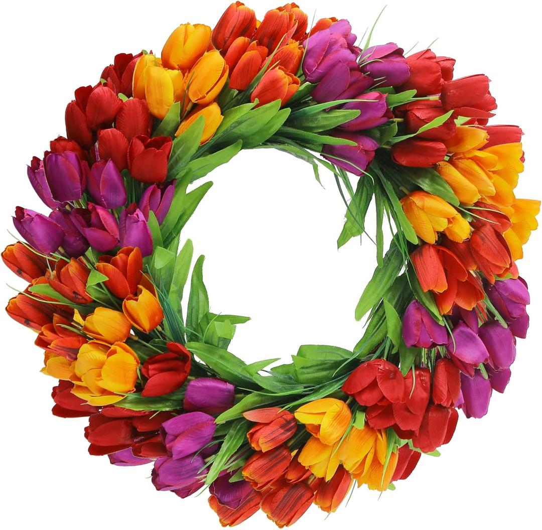 U'Artlines 20 Inch Tulip Wreath for Front Door, Spring Summer Silk Wreath with Green Leaves Artificial Tulip Flower Wreaths for All Seasons Window Wall Wedding Valentines Day Decor (Red Yellow Purple)
