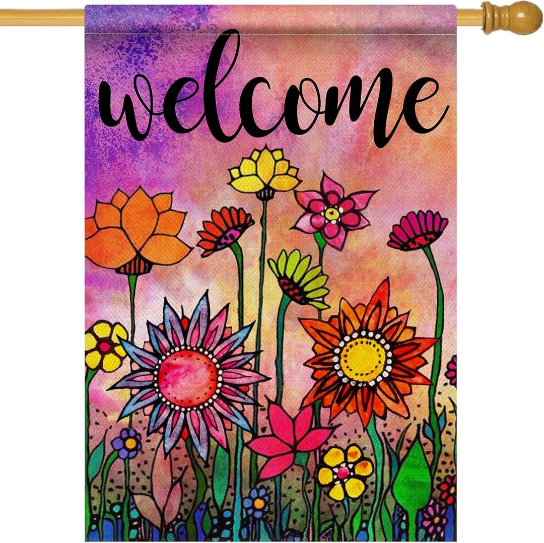 Hzppyz Welcome Spring Summer Watercolor House Flag Double Sided, Flowers Decorative Garden Yard Lawn Outdoor Large Burlap Flag Vintage Sunflower Decor Farmhouse Seasonal Outside Decorations 28 x 40