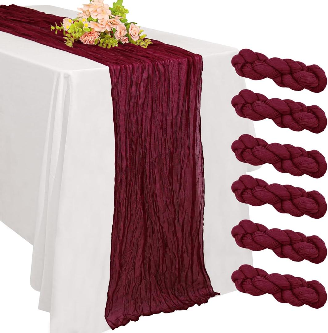 6 Pack 10FT Cheesecloth Table Runner 20 x 120 inch Long Boho Rustic Gauze Romantic Cheese Cloth Sheer Table Runner for Wedding Dining Event Birthday Anniversary Party Decoration(Burgundy)