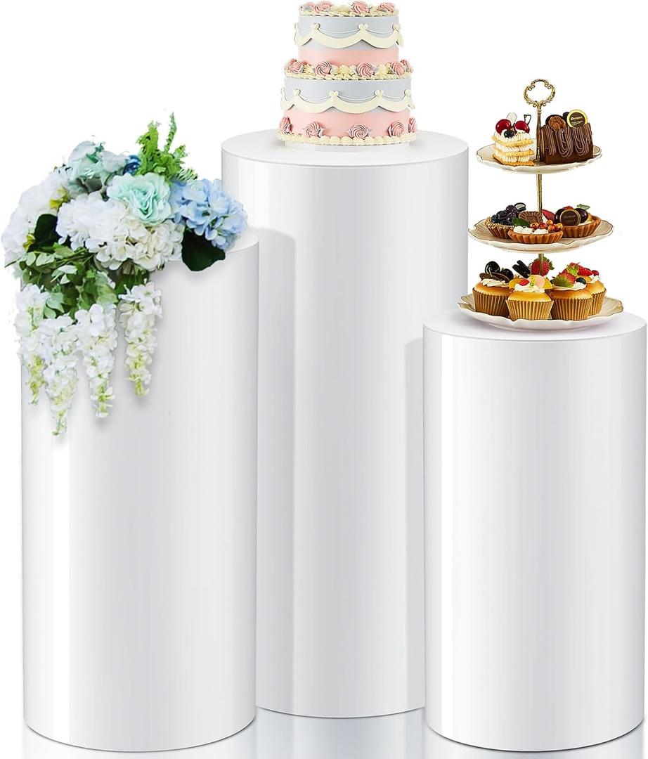 3 Pcs Cylinder Stands for Party, Large White Cake Pedestal Stand, 35.4''H, 23.6''H, 19.7''H, Round Reusable Dessert Display Tables for Birthday Wedding Baby Shower Party Decoration