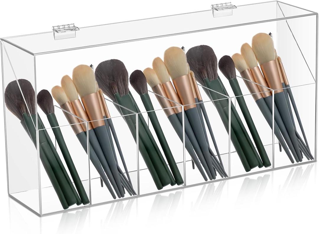 Threehoney Acrylic Makeup Brush Holder with Lid 6-Slots, Clear Cosmetic Brushes Organizer Storage for Vanity, Large Capacity Split Design Dustproof Covered Container
