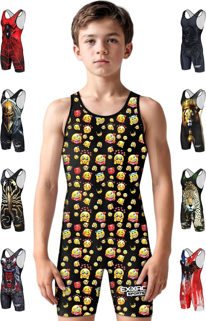 Exxact Sports Sublimated Adult & Youth Wrestling Singlet - Premium Powerlifting Singlet for Men & Boys, Unisex Singlets (Medium, Emoji)