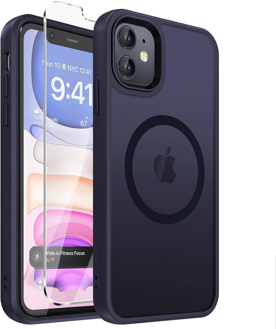 DEERLAMN Magnetic Matte Case for iPhone 11 with Screen Protector, [Compatible with MagSafe][Military Grade Drop Protection] Slim Translucent Shockproof Protective Phone Cover, Dark Purple