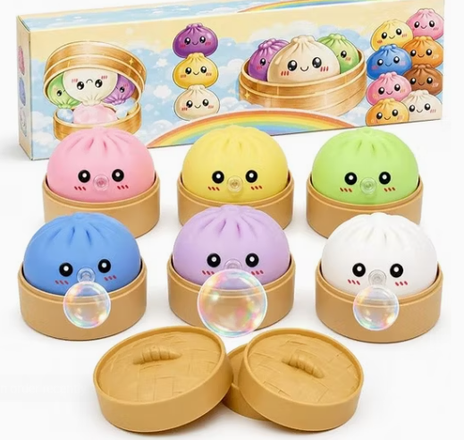 Dumpling Squishy Mystery Box - Squishy Dumpling with Bubble Blowing Feature, Bao Bun Stress Relief Toy, Soft Sensory Fidget Squeeze Toy with Steamer Box, Cute Desk Gift (6Pcs)
