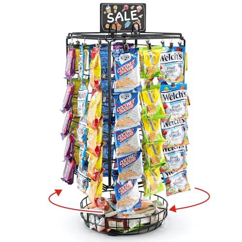 Vefix Chip Rack Display Stand, 5 Tiers 60 Clips Snack Retail Display Rack, 360° Rotation Snack Retail Display Rack, Potato Chip Rack, Candy Display Rack, Chip Holder-with Basket