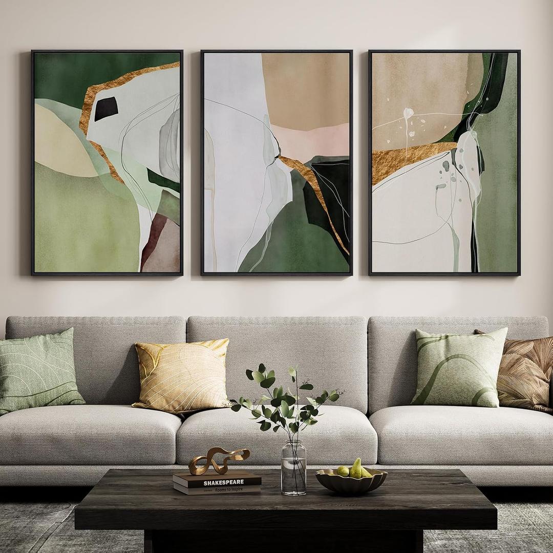 Large Framed Green and Beige Abstract Wall Art for Living Room, 3 Piece Modern Canvas Prints Paintings, Abstract Color Block Pictures for Living Room Dining Bedroom Hallway Office Wall Decor 24x36 In, 24" W x 36" H x 3Pcs