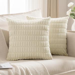 JELLYMONI 2 PCS Beige Decorative Throw Pillow Covers 18x18 Inch, Corduroy Striped Boho Pillows Cover for Living Room Bed Sofa Couch, Spring Farmhouse Boho Home Decor