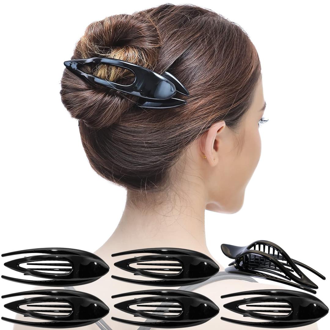 RC ROCHE ORNAMENT 6 Pcs French Concord Hair Clip Curved Thick or Thin Hair for Women No Slip Strong Grip Hold Side Slide Volume Claws Lay Down Clips Hair Bun Updo Clamp, Large Black (1 Count (Pack of 6))