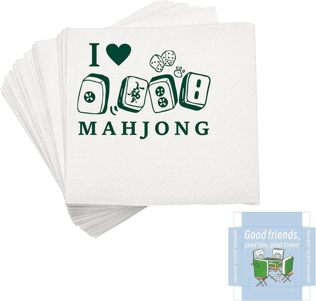 Mahjong Napkins - 4 Packs, 80 Sheets Total, Eco-Friendly Degradable Wood Pulp, Food-Grade Material, Printed "Good Friends, Good Tiles, Great Times" for Game Nights, Parties, Mahjong Gatherings