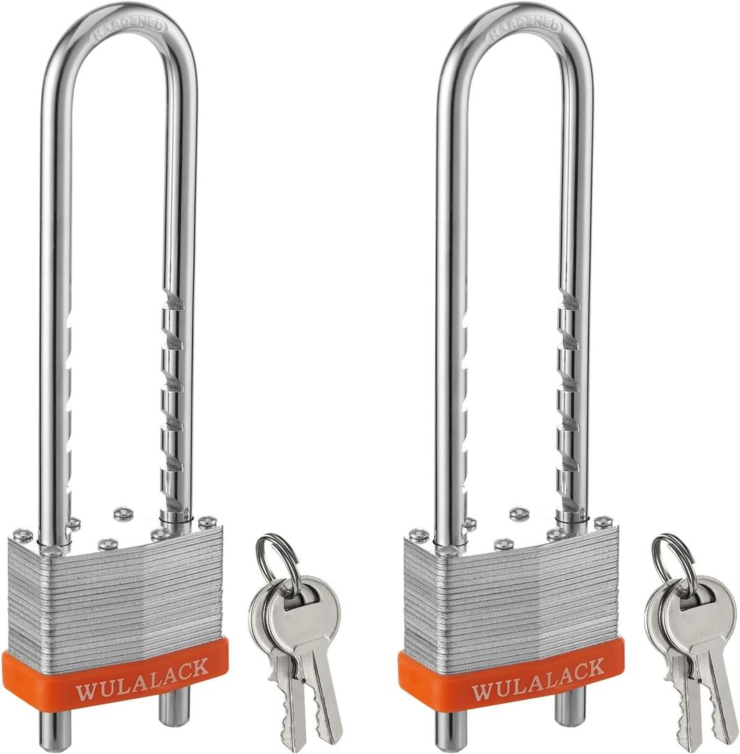 Padlock with Key, WULALACK 2 inch Wide Laminated Steel Keyed Padlock with Adjustable Shackle, Long Shackle Pad Lock with 2 Keys