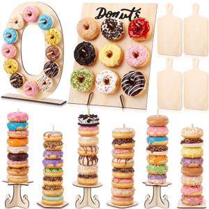 Lallisa 12 Pcs Wooden Donut Stand Set Number 0 Donut Display Stand 1 Doughnut Wall Display 4 Mini Charcuterie Boards 6 Doughnut Holder Tower for Dessert Table Birthday Wedding Baby Shower Party Decor