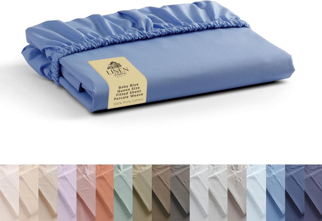 Linen Home 100% Cotton Percale Weave Fitted Sheet, Queen Size, Baby Blue, 1 Deep Pocket Fitted Sheet, Fits Mattress Upto 16" Crisp and Cool Strong Bed Linen, 60"X80"+15"