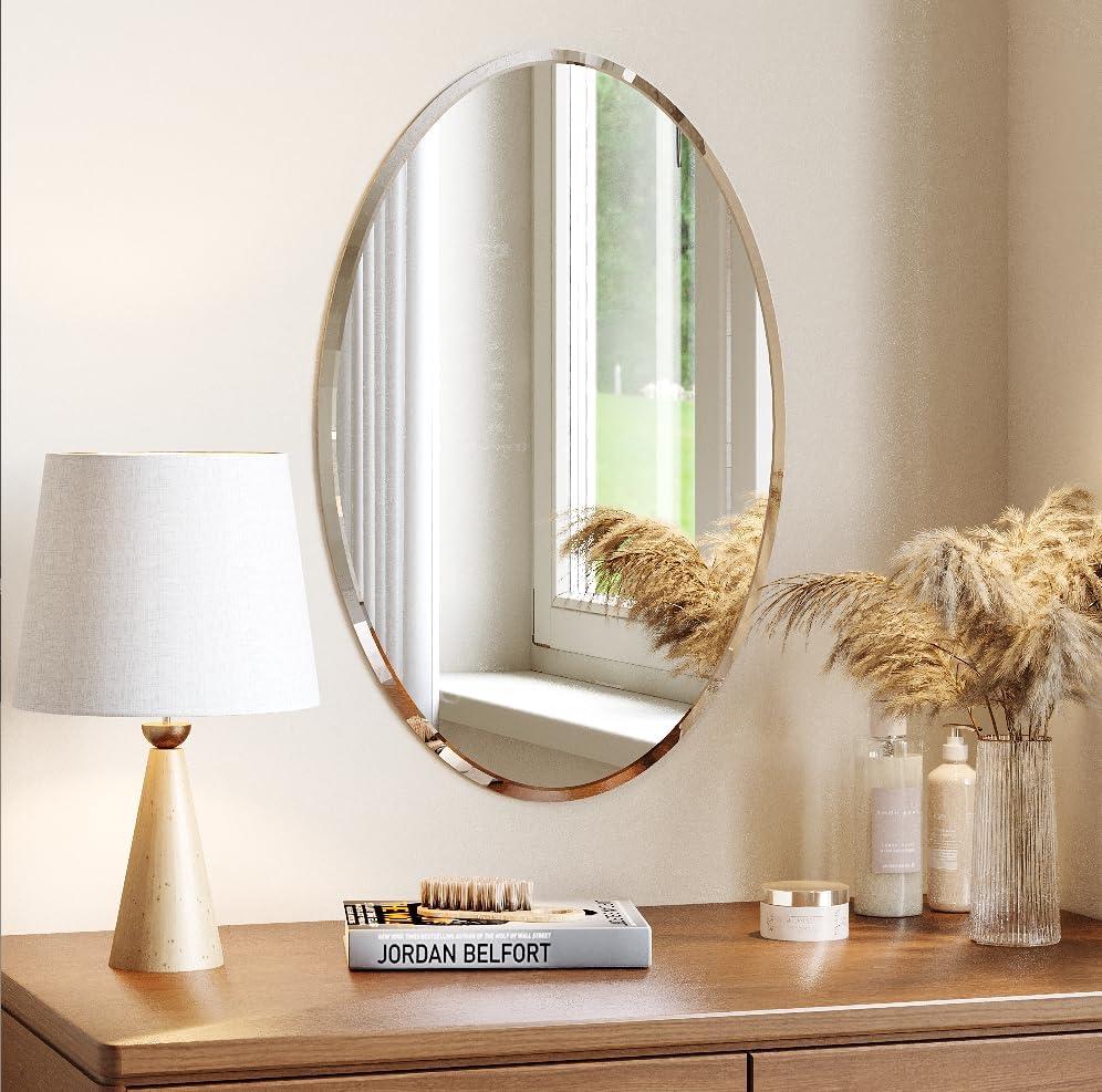 Frameless Wall Oval Bathroom Mirror, 24"x16" Wall Mirror | 15mm Beveled Edge, Tempered Glass, Farmhouse Small Mirror for Over Sink, Bedroom, Entryway (Horizontal or Vertical)