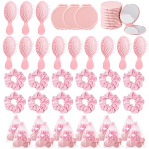 48 Pcs Pink Party Favors, Pink Makeup Party Supplies, Including Hair Brushes, Elastic Scrunchies, Pocket Cosmetic Mirrors, and Organza Bags, Makeup Brush Accessories (48PCS)