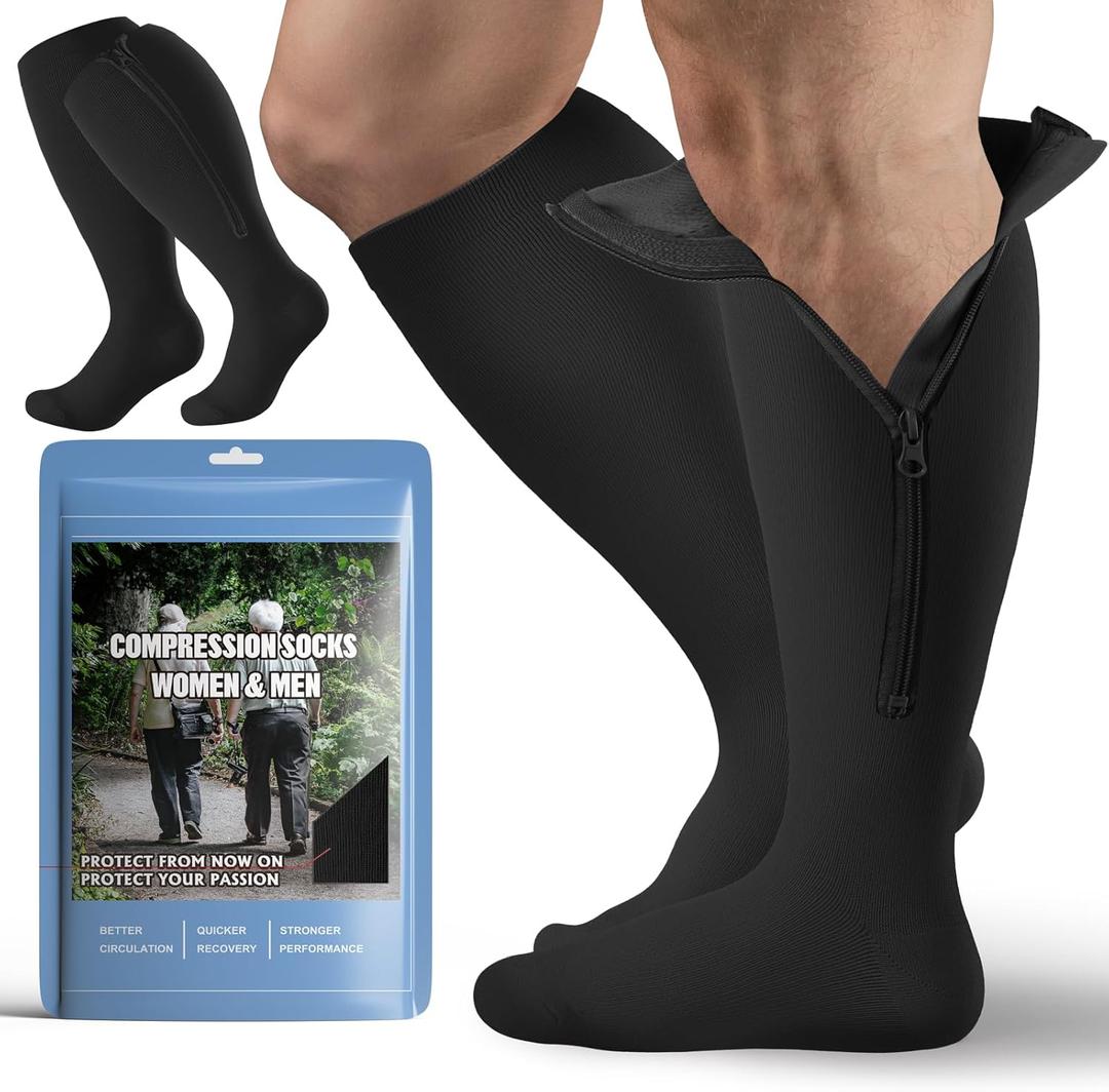 2 Pair Plus Size Closed Toe Compression Socks with Zipper, Compression Stockings for Overweight Women Men 15-20 mmHg (3X-Large)