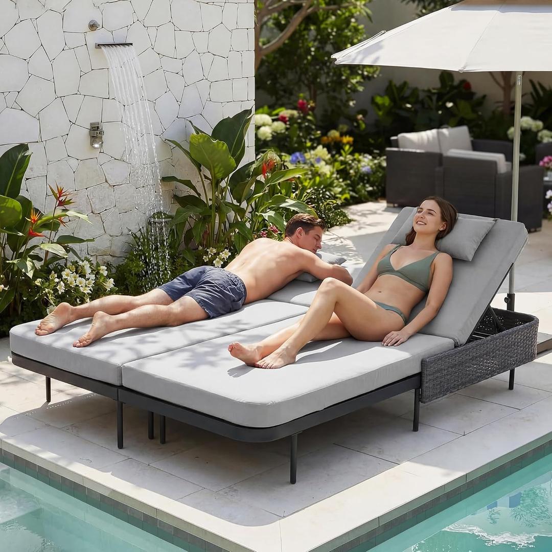Double Chaise Lounge Outdoor, 51.2" Wide 2-Person Daybed with Independent Recline, Loveseat with 4" Thick Cushions, Heavy Duty All-Weather Wicker Sunbed for Patio Poolside Garden