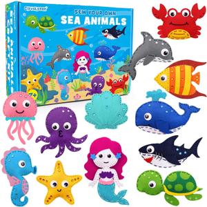 CiyvoLyeen Sea Animals Sewing Kit Mermaid DIY Felt Plush Craft Kit Make Your Own Ocean Animals Gifts for Beginner Boys and Girls Educational Kids Art Craft Supplies Set of 12