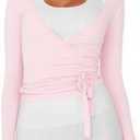 Women Wrap Tie Top Y2k Long SLeeve Ballet Workout Yoga Shirt Coquette Blouses (Medium, Pink)