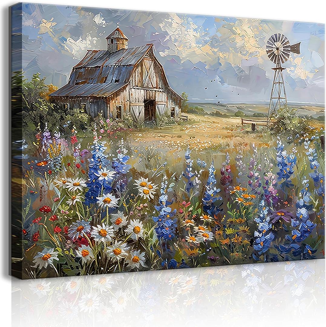 Barn Windmill Canvas Wall Art Blue Country Wildflowers Meadow Wall Decor Country Farmhouse Landscape Picture Poster Print for Kitchen Living Room Bedroom Ready to Hang (12x16in Canvas)