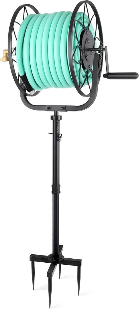 Garden Hose Reel - Heavy Duty Outdoor Turntable Water Hose Holder with Sturdy Cross Base, 100 ft of 5/8" Hose Capacity, Height Adjustable 360 Degree Rotate Freestanding Hose Stand for Yard