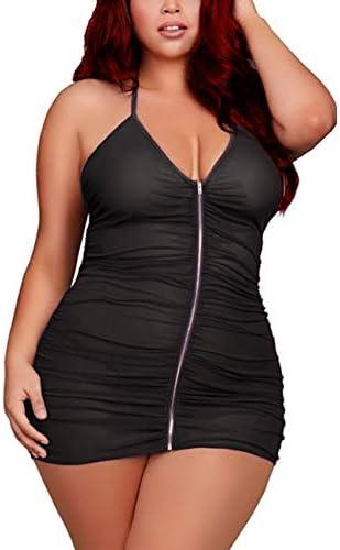 Plus Size Sheer Stretch Mesh Babydoll Dress Zipper Shirring Halter Chemise Curvy Sexy Lingerie for Women 3XL