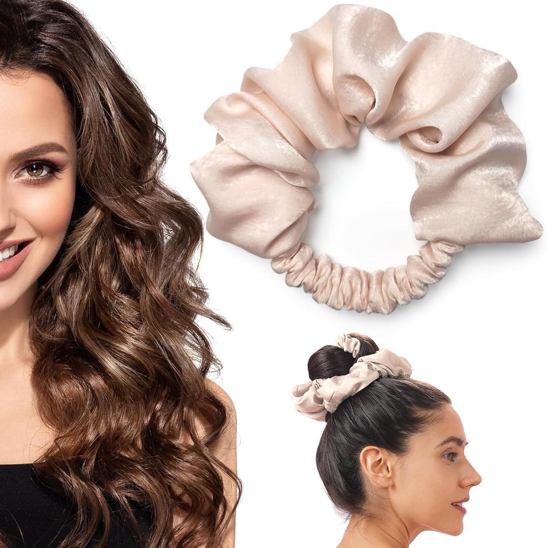 Heatless Curling Scrunchie, Heatless Hair Curler to Sleep In, No Heat Curls for Long Hair, Soft Sleep Hair Roller (Beige)