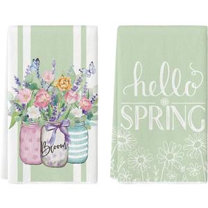 Artoid Mode Floral Bloom Vase Hello Spring Kitchen Towels Dish Towels, 18x26 Inch Seasonal Summer Decoration Hand Towels Set of 2