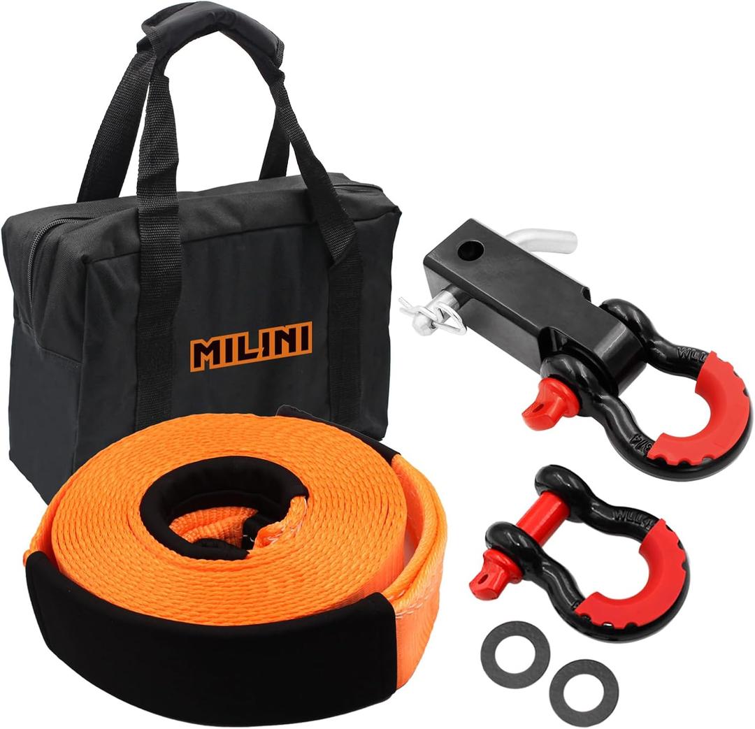 Offroad Recovery Strap Kit, 3" x 30ft Tow Strap+ Shackle Hitch Receiver 2 inch 42000 Lbs+D Ring Shackles+Bag, 4x4 Winching Accessories